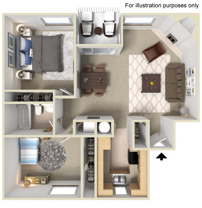 Floor plan for 2 beds, 1 bath, 864 sqft
